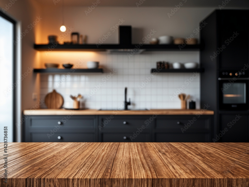 Fototapeta premium Blurred modern kitchen with black cabinets and a textured wooden table in the foreground.