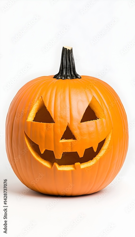 Carved Halloween pumpkin with a menacing grin against a white backdrop Carved Halloween pumpkin with a menacing grin against a white backdrop