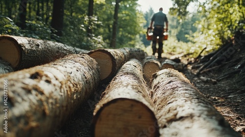Forest Lumberjack Trail: Sunlit Logs and a Distant Figure