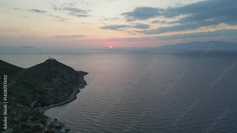 Distant flight toward lighthouse at Knidos from Turkish shore Distant flight toward lighthouse at Knidos from Turkish shore