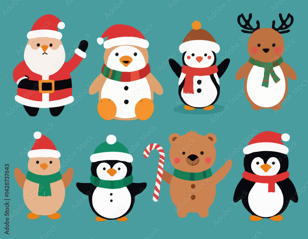 Christmas characters vector set design. Christmas character santa claus, snow man, reindeer, penguin, ginger bread and bear collection in isolated background. Vector illustration holiday season Christmas characters vector set design. Christmas character santa claus, snow man, reindeer, penguin, ginger bread and bear collection in isolated background. Vector illustration holiday season
