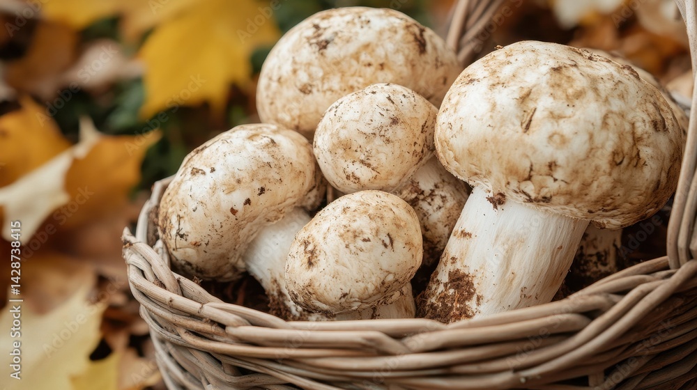Freshly picked wild mushrooms in a rustic wicker basket amid autumn leaves. Freshly picked wild mushrooms in a rustic wicker basket amid autumn leaves.