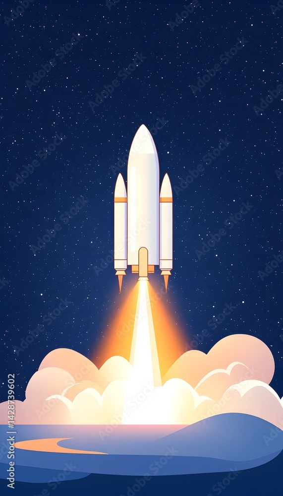 Obraz premium Rocket launching into space, fiery trail, starry night