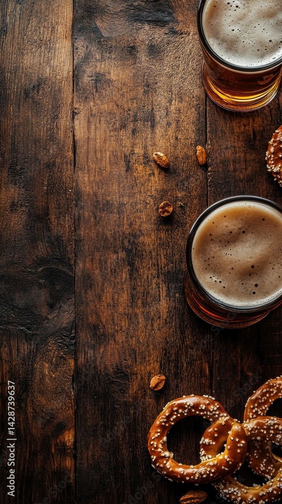 Overhead shot of two pints of beer with pretzels on a rustic wooden table. Overhead shot of two pints of beer with pretzels on a rustic wooden table.