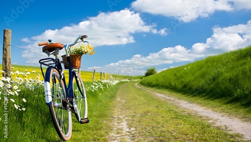 A bicycle with a front basket filled with white flowers is parked beside a scenic countryside path. Green grass, wildflowers, and a wooden fence line the route under a blue sky with scattered clouds.