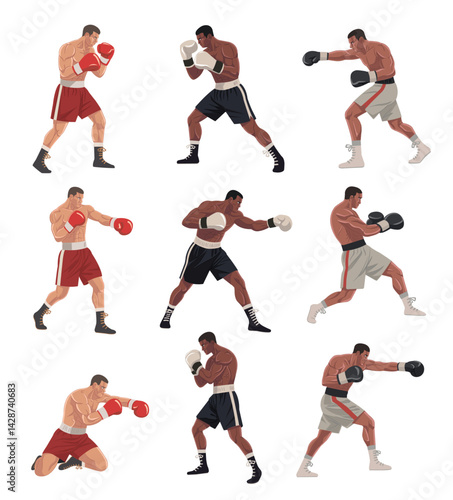 Set of boxers in action with various poses