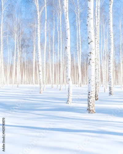 Sunlit birch forest in a snowy landscape, exhibiting long shadows on pristine snow