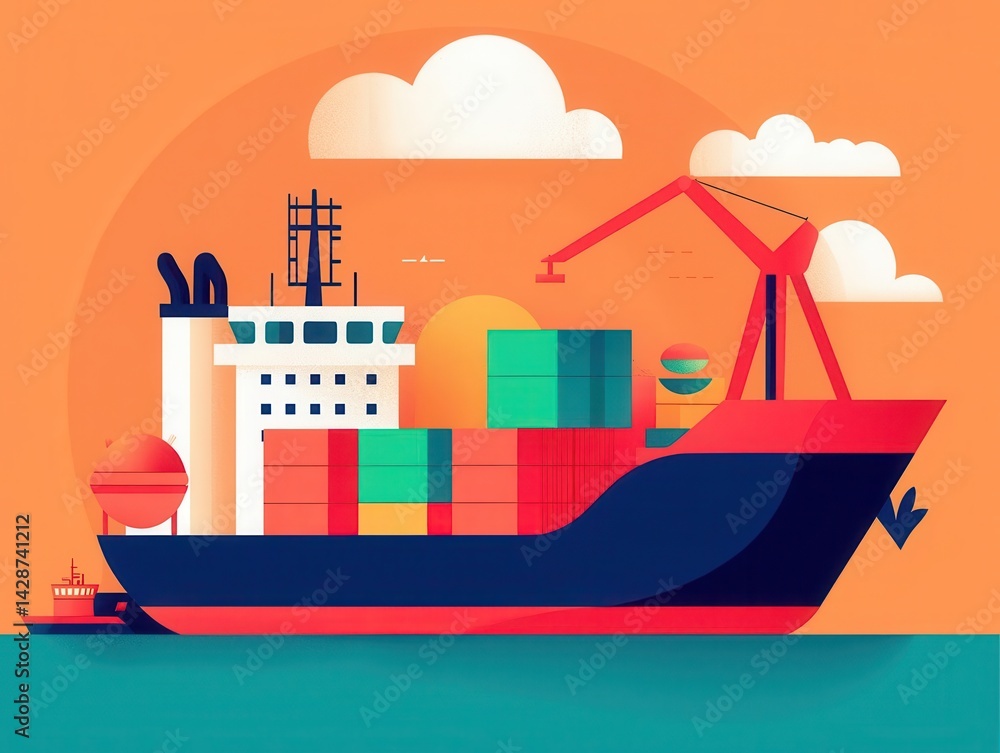 Obraz premium Cargo ship at a busy industrial port, cranes towering over the vessel, facilitating global commerce