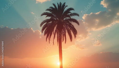 Sunset Silhouette A majestic palm tree stands tall against a vibrant, fiery sunset sky, its silhouette sharply defined against the warm hues of the twilight.