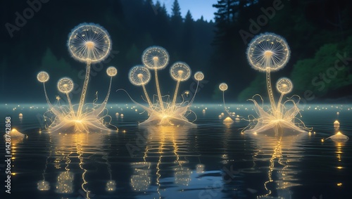 Ethereal water spirits, glowing dandelion-like creatures, bioluminescent aquatic flora, surreal lake scene, wispy white tendrils, golden light emanating from base, reflective water surface, dense fore