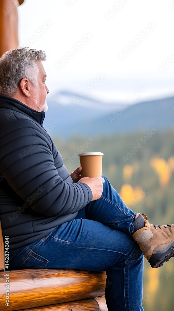 Older man sits on a porch, enjoying a warm beverage while overlooking a scenic mountain view Older man sits on a porch, enjoying a warm beverage while overlooking a scenic mountain view