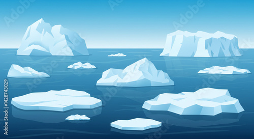 Wallpaper Mural A cartoon illustration of several icebergs floating in a blue ocean under a clear blue sky background Torontodigital.ca