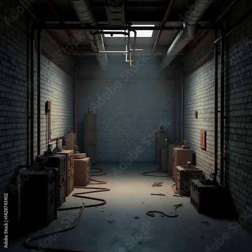 A dimly lit gritty and weathered industrial basement