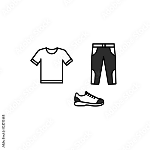 Activewear icon set including t-shirt, pants, and sneakers in minimalistic design