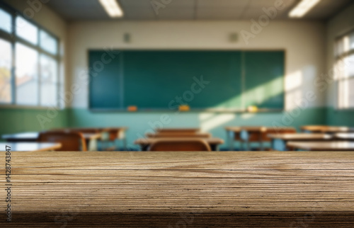 Cuadro en lienzo Wooden top with blurred empty classroom background can be used for mocking up or display product to make advertising
