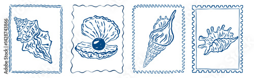 Vintage marine stamp with hand drawn seashells. Minimalist vintage marine prints. Summer coastal design elements for trendy poster, invitation, banner, menu cover. Retro frame or border design
