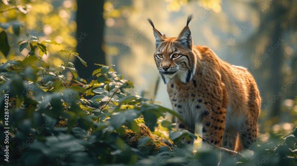 Obraz premium A majestic Norwegian Lynx prowls through a dense jungle, its black fur glistening in the sunlight. 