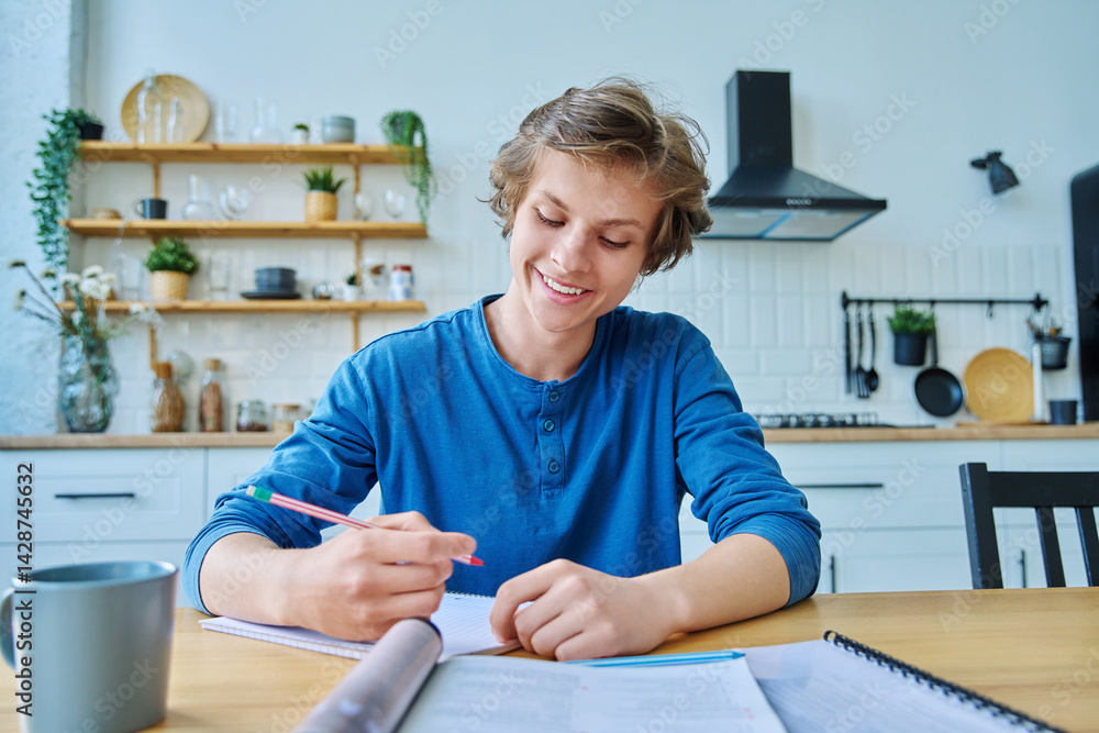 Webcam portrait male student teenager, sitting at home at the table