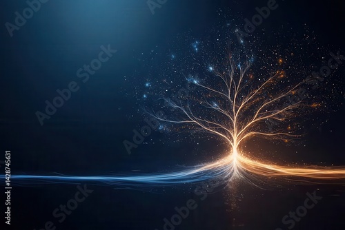 A luminous tree with sparkling branches emits light against a dark backdrop, symbolizing growth and energy.