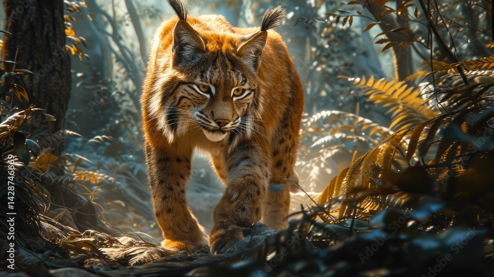 Fototapeta premium A majestic Norwegian Lynx prowls through a dense jungle, its black fur glistening in the sunlight. 