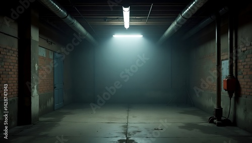 A dimly lit gritty and weathered industrial basement