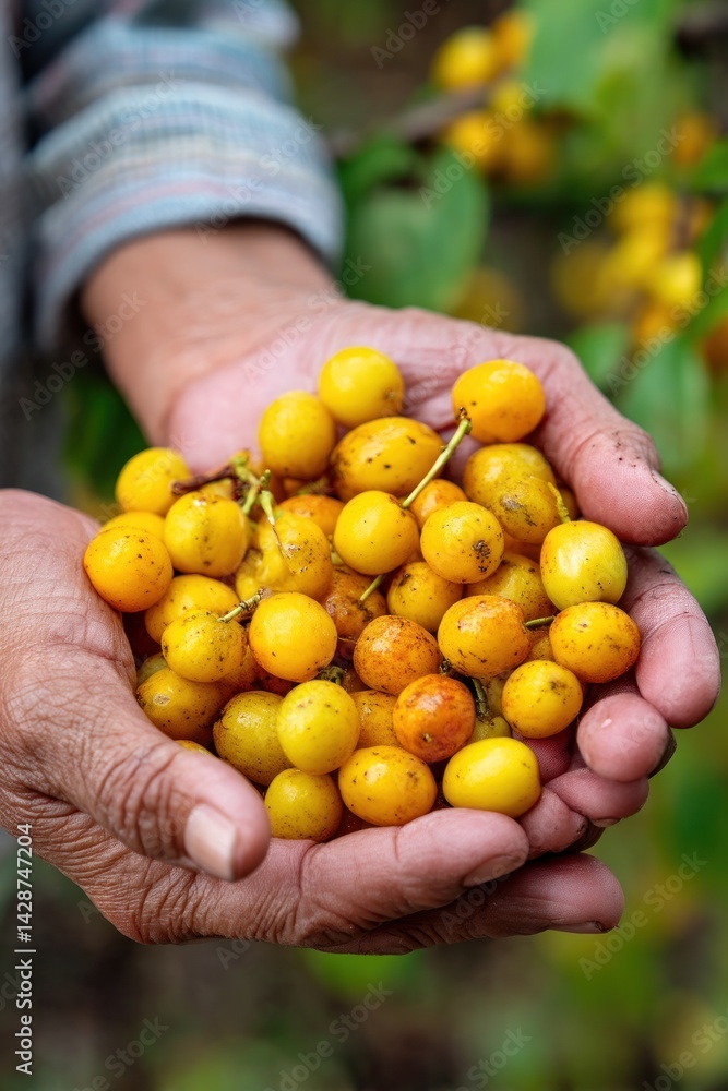 Hands Hold a Heap of Yellow Fruits with a Plant in the Background for Agriculture Hands Hold a Heap of Yellow Fruits with a Plant in the Background for Agriculture