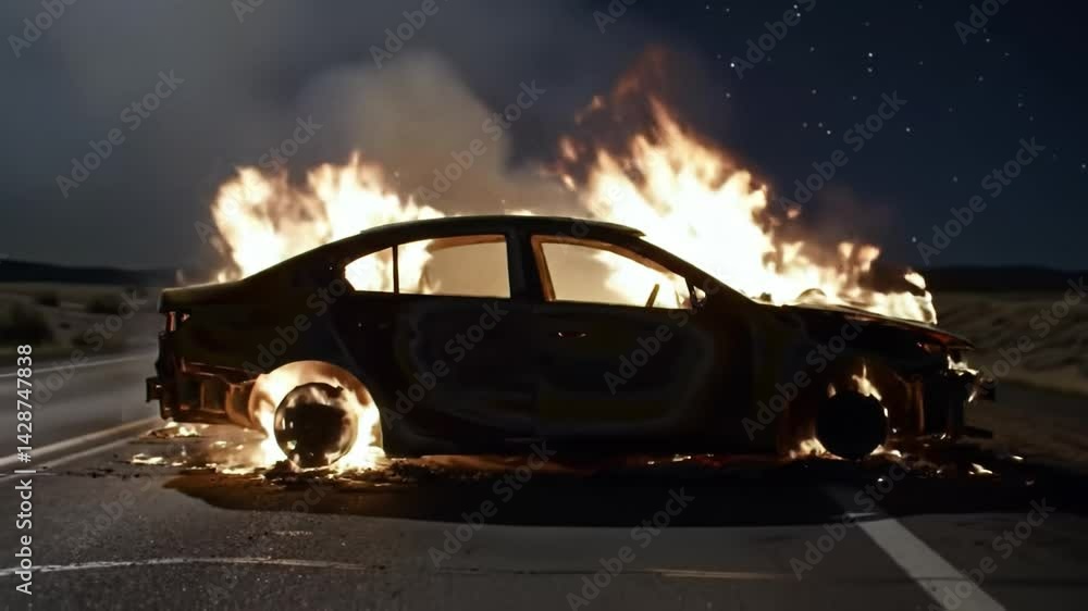 Car engulfed in flames on rural road at night showcasing emergency response