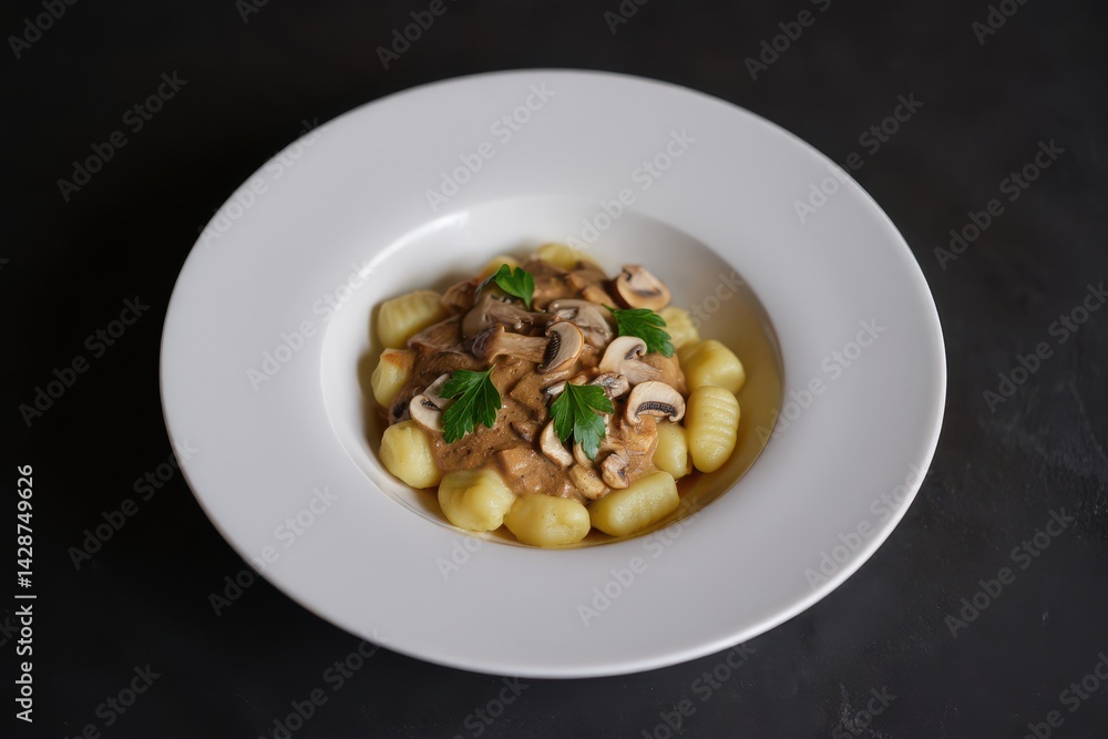 Gnocchi with a mushroom cream sauce and parsley in bowl on a dark background. Top view Gnocchi with a mushroom cream sauce and parsley in bowl on a dark background. Top view