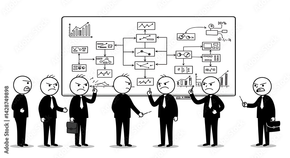 Stickman Business Team Meeting Concept on White Background A minimalist stickman team collaborates on a strategic flowchart in a modern corporate meeting. Ideal for presentations, leadership content Stickman Business Team Meeting Concept on White Background A minimalist stickman team collaborates on a strategic flowchart in a modern corporate meeting. Ideal for presentations, leadership content