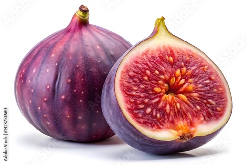 Close-up of a whole and half fig fruit against white background.