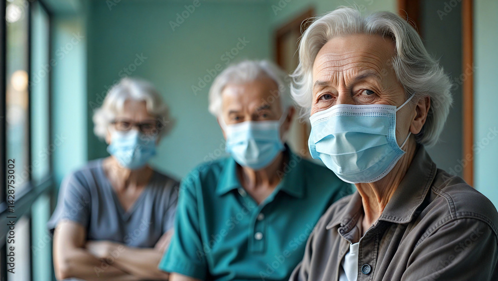 Elderly group with masks indoors during health precautions Elderly group with masks indoors during health precautions