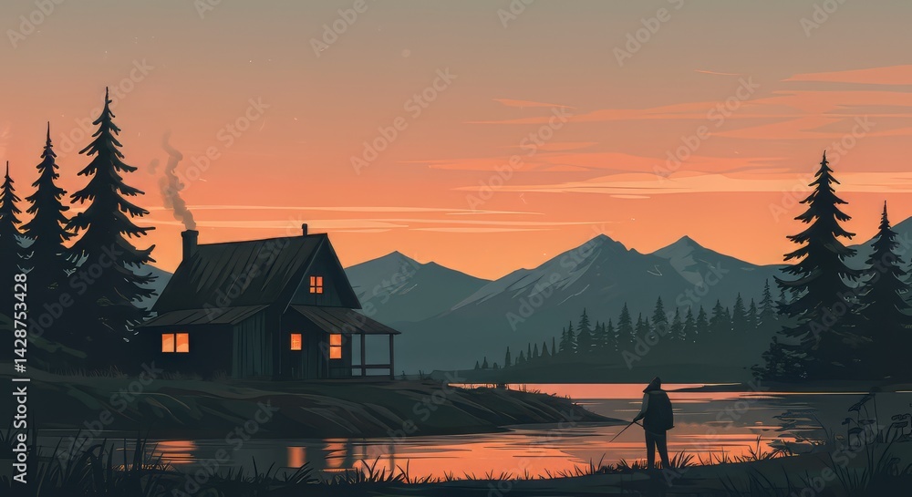 Fototapeta premium Fisherman at Lake Cabin Silhouette with Mountains at Warm Sunset