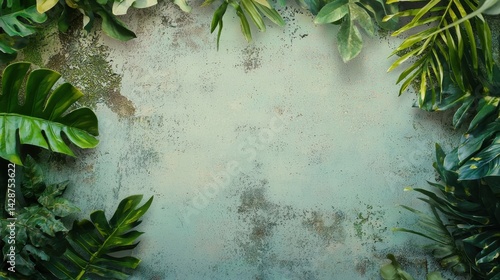 Lush Tropical Foliage Framing a Textured Teal-Green Background Creating a Vibrant Natural Atmosphere Perfect for Nature and Relaxation Themes