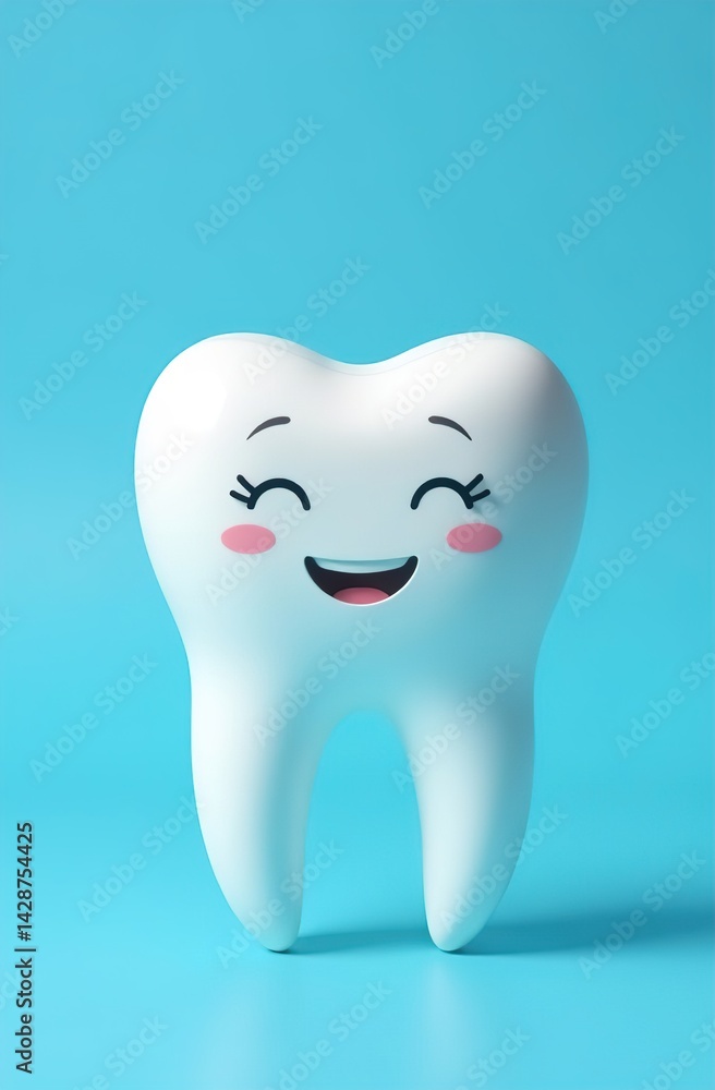 the figure of a tooth with eyes and mouth on a blue background. advertising of a dental clinic. medical concept.vertically the figure of a tooth with eyes and mouth on a blue background. advertising of a dental clinic. medical concept.vertically