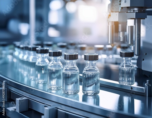 medical vials on production line at clear pharmaceutical factory pharmaceutical machine working pharmaceutical glass bottles production line