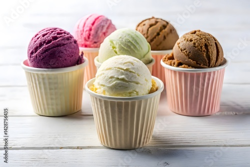 Assorted Ice Cream Scoops in Paper Cups on a White Wooden Table