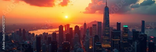 Wallpaper Mural Reflective skyscrapers shining in warm sunset colors in bustling city, lights, sunset, nightscape Torontodigital.ca