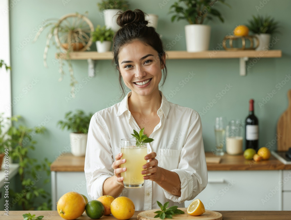 woman stands in a bright, modern kitchen making lemonade