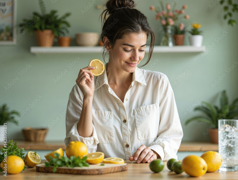 woman stands in a bright, modern kitchen making lemonade