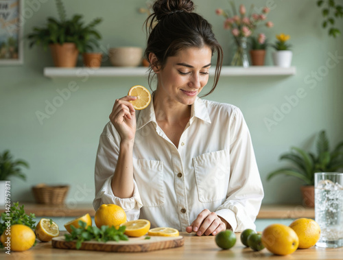 Obraz na płótnie woman stands in a bright, modern kitchen making lemonade w salonie