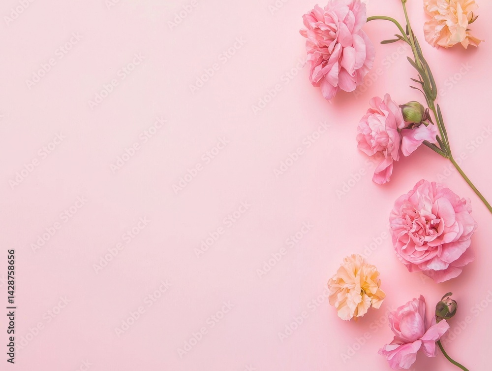 Delicate Pink and Light Orange Carnations Arranged on Solid Pink Background with Ample Center Space for Text or Designs in an Elegant Floral Layout Delicate Pink and Light Orange Carnations Arranged on Solid Pink Background with Ample Center Space for Text or Designs in an Elegant Floral Layout