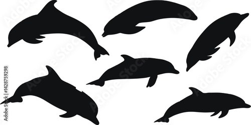 Silhouette illustration showing a group of dolphins swimming on a white background in various positions