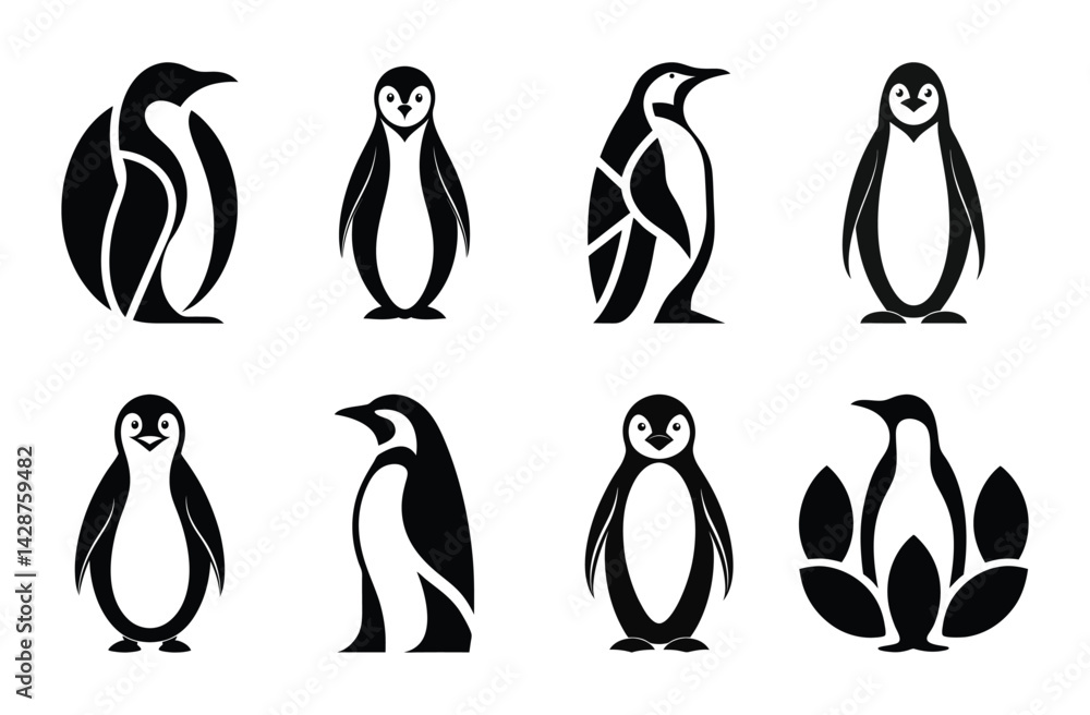 Obraz premium Vector Illustration of Silhouette Penguin Set Featuring Various Poses and Minimalist Designs for Wildlife, Nature, Branding, and Decorative Projects