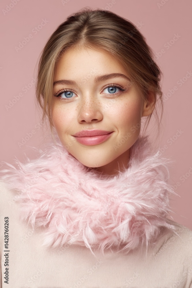 Smiling blonde woman in pink faux fur shawl against a soft pink background Smiling blonde woman in pink faux fur shawl against a soft pink background