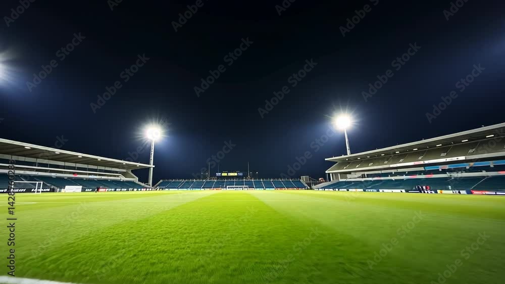 Green Football Field Under Bright Stadium Lights During Evening Hours Green Football Field Under Bright Stadium Lights During Evening Hours