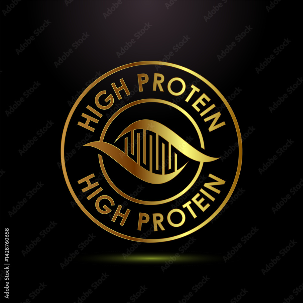 High protein icon, High protein label design for packaging, Nutrition healthy eating badge in gold color style High protein icon, High protein label design for packaging, Nutrition healthy eating badge in gold color style
