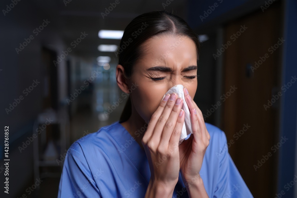cropped view of nurse in uniform sneezing and holding napkin during night shift