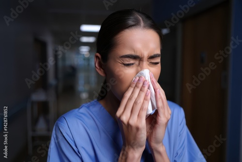 Obraz na płótnie cropped view of nurse in uniform sneezing and holding napkin during night shift w salonie