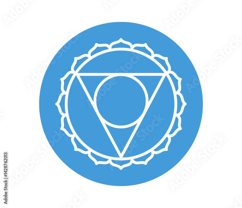 Vishuddha chakra icon. Fifth throat chakra. Line symbol in blue circle. Sacral sign. Vector illustration on white background