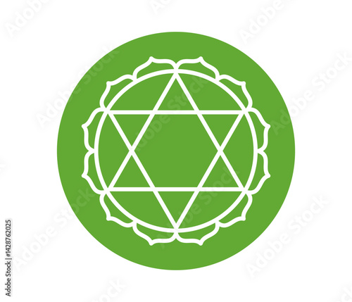 Anahata chakra icon. Fourth heart chakra. Line symbol in green circle. Sacral sign. Vector illustration on white background